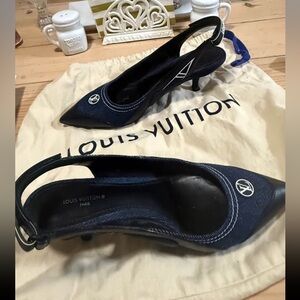 Louis Vuitton Navy Denim Slingback Kitten Heels